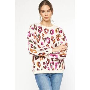Entro Women’s Medium Multi Color Leopard Print Long Sleeve Knit Sweater